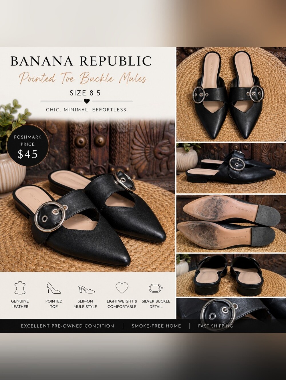 🖤 Banana Republic Black Leather Pointed Toe Buckle Mules – Size 8.5